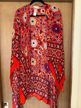 Free People OS Vibrant Red & Purple Floral Kimono Cardigan
